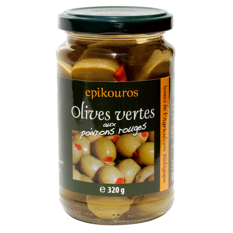 Olives vertes poivrons 320g Epikouros  dans votre magasin bio en ligne Etiketbio.eu