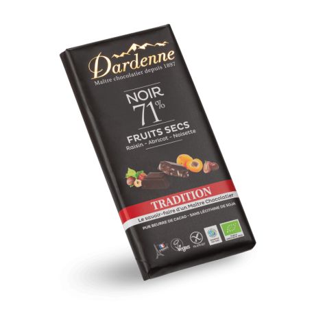 TABLETTE CHOCOLAT NOIR 71% CACAO FRUITS SECS 180G DARDENNE dans votre magasin bio en ligne Etiketbio.eu TABLETTE CHOCOLAT NOIR 71% CACAO FRUITS SECS 180G DARDENNE dans votre magasin bio en ligne Etiketbio.eu