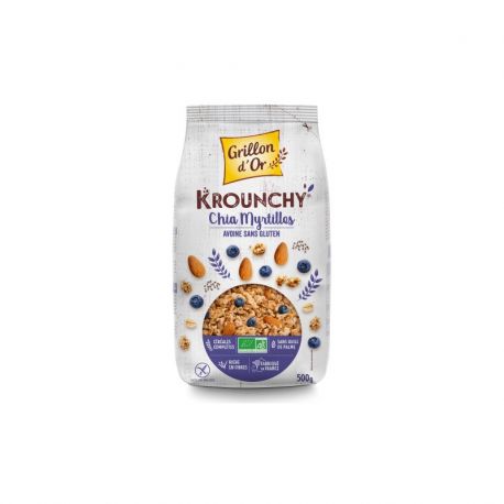 KROUNCHY AVOINE CHIA MYRTILLE SANS GLUTEN 500G GRILLON D'OR  dans votre magasin bio en ligne Etiketbio.eu