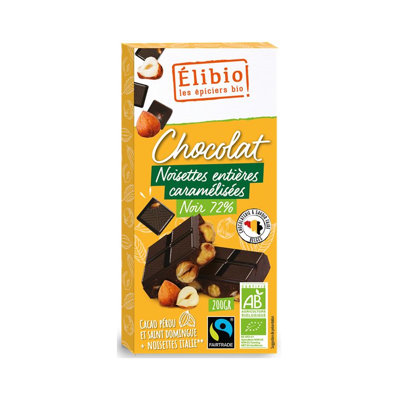 TABLETTE CHOCOLAT NOIR 72% NOISETTES 200G ELIBIO  dans votre magasin bio en ligne Etiketbio.eu