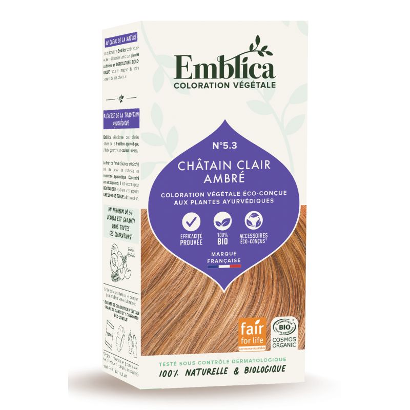 COLORATION VEGETALE 5.3 CHATAIN CLAIR AMBRE 100GR EMBLICA dans votre magasin bio en ligne Etiketbio.eu COLORATION VEGETALE 5.3 CHATAIN CLAIR AMBRE 100GR EMBLICA dans votre magasin bio en ligne Etiketbio.eu