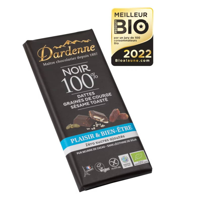 TABLETTE CHOCOLAT NOIR 100% DATTES GRAINES DE COURGE SESAME 100 G |...