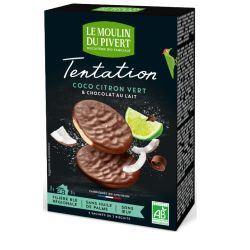 Tentation biscuit coco citron vert enrobes chocolat lait 110gr Moulin du Pivert  dans votre magasin bio en ligne Etiketbio.eu