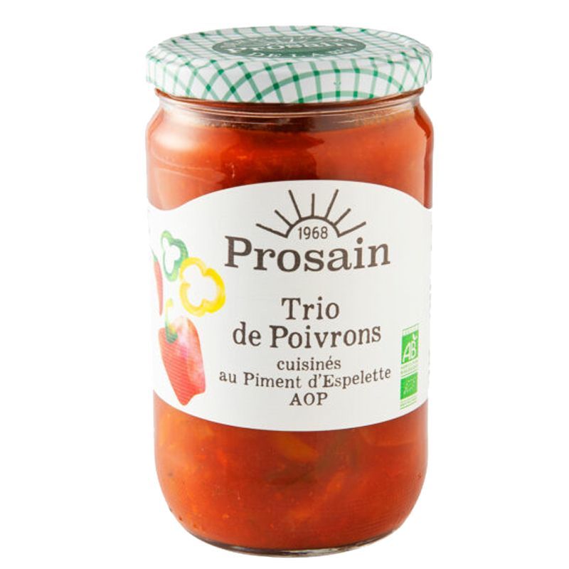 Trio de poivrons piment d'espelette 650gr Prosain dans votre magasin bio en ligne Etiketbio.eu Trio de poivrons piment d'espelette 650gr Prosain dans votre magasin bio en ligne Etiketbio.eu