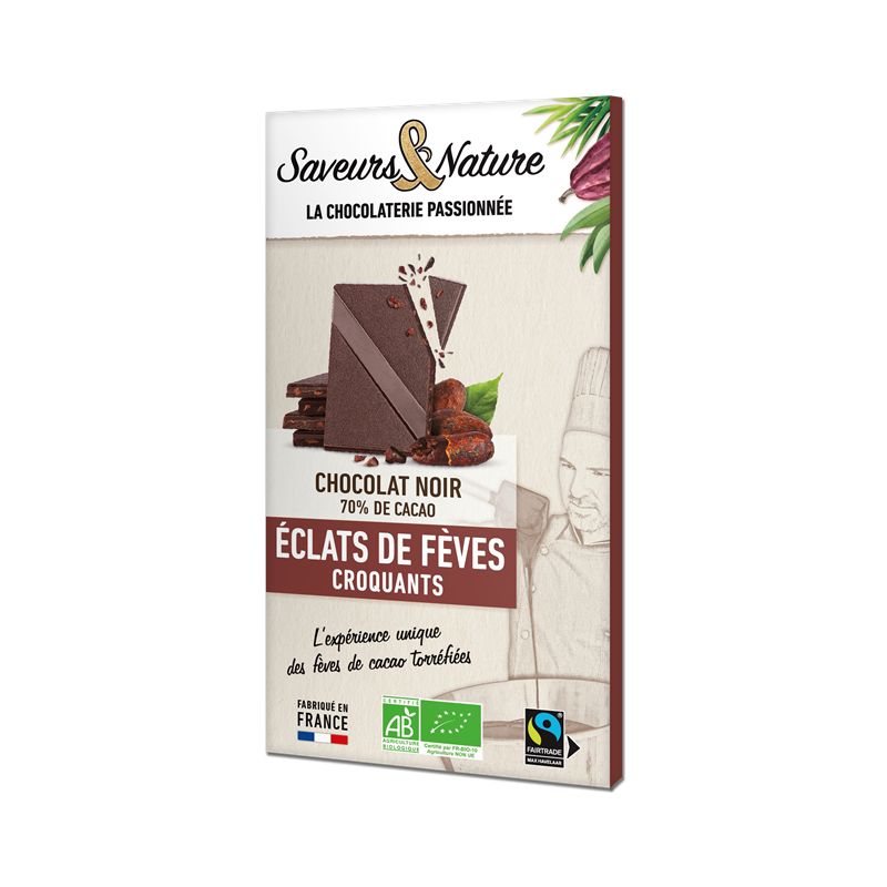 CHOCOLAT NOIR 70% DE CACAO ECLATS DE FEVES 80GR SAVEURS ET NATURE  dans votre magasin bio en ligne Etiketbio.eu