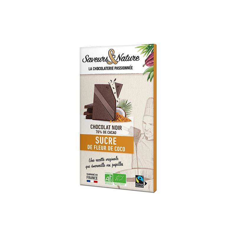 CHOCOLAT NOIR 70% CACAO A LA FLEUR DE COCO 80GR | SAVEURS ET NATURE...