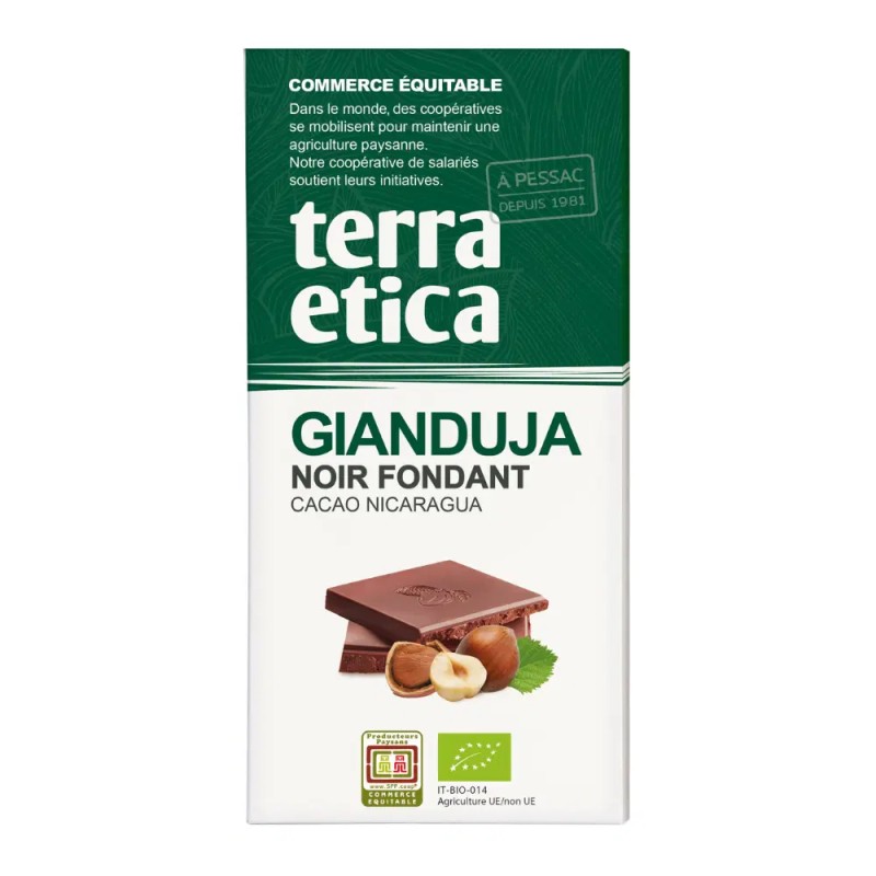Tablette chocolat noir gianduja 100gr Terra Etica  dans votre magasin bio en ligne Etiketbio.eu