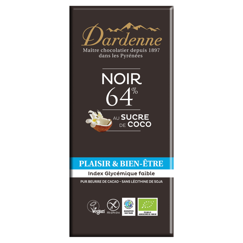 Tablette chocolat noir 64% au sucre de coco 100% vegetal 80gr Dardenne dans votre magasin bio en ligne Etiketbio.eu Tablette chocolat noir 64% au sucre de coco 100% vegetal 80gr Dardenne dans votre magasin bio en ligne Etiketbio.eu
