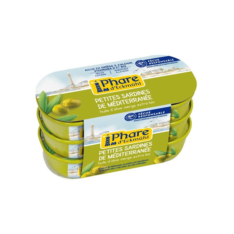 Sardines a l'huile d'olive 3 x 55g Phare d’Eckmühl dans votre magasin bio en ligne Etiketbio.eu Sardines a l'huile d'olive 3 x 55g Phare d’Eckmühl dans votre magasin bio en ligne Etiketbio.eu