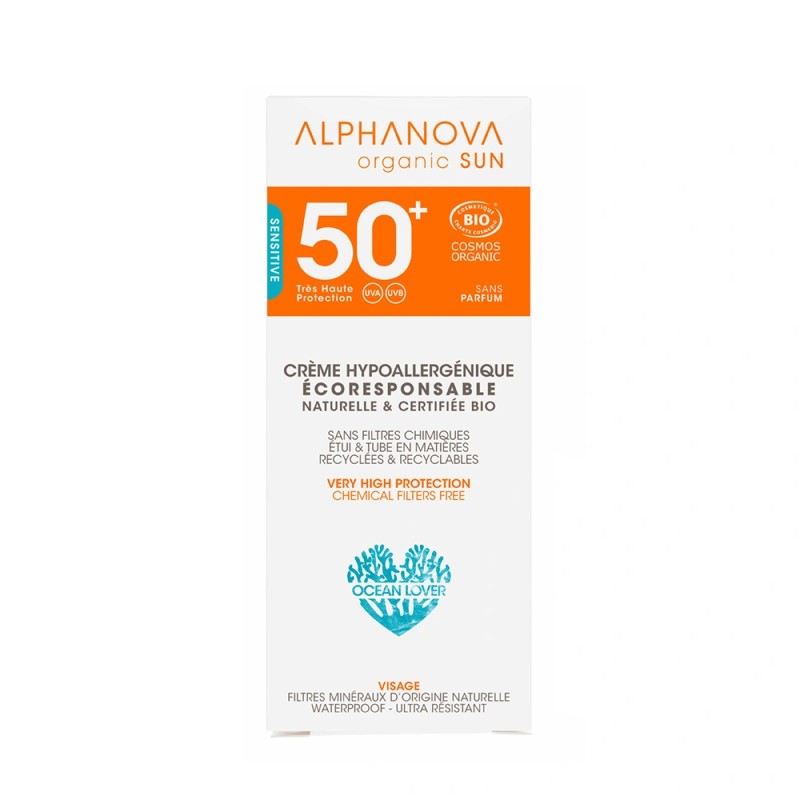 Crème hypoallergénique spf50+ bio* alphanova organic sun sensitive (50g) Alphanova  dans votre magasin bio en ligne Etiketbio.eu