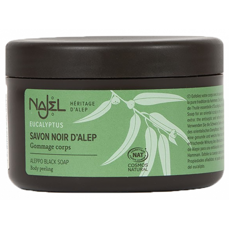 Savon noir d'alep eucalyptus gommage corps (200ml) NAJEL dans votre magasin bio en ligne Etiketbio.eu Savon noir d'alep eucalyptus gommage corps (200ml) NAJEL dans votre magasin bio en ligne Etiketbio.eu