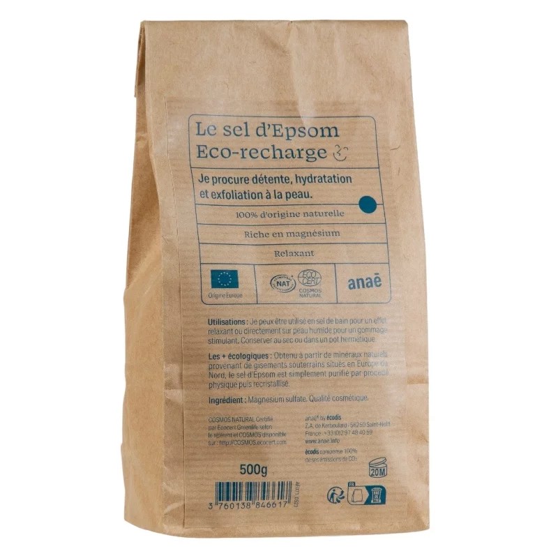 Sel de bain d'epsom écorecharge 500g Anaé dans votre magasin bio en ligne Etiketbio.eu Sel de bain d'epsom écorecharge 500g Anaé dans votre magasin bio en ligne Etiketbio.eu