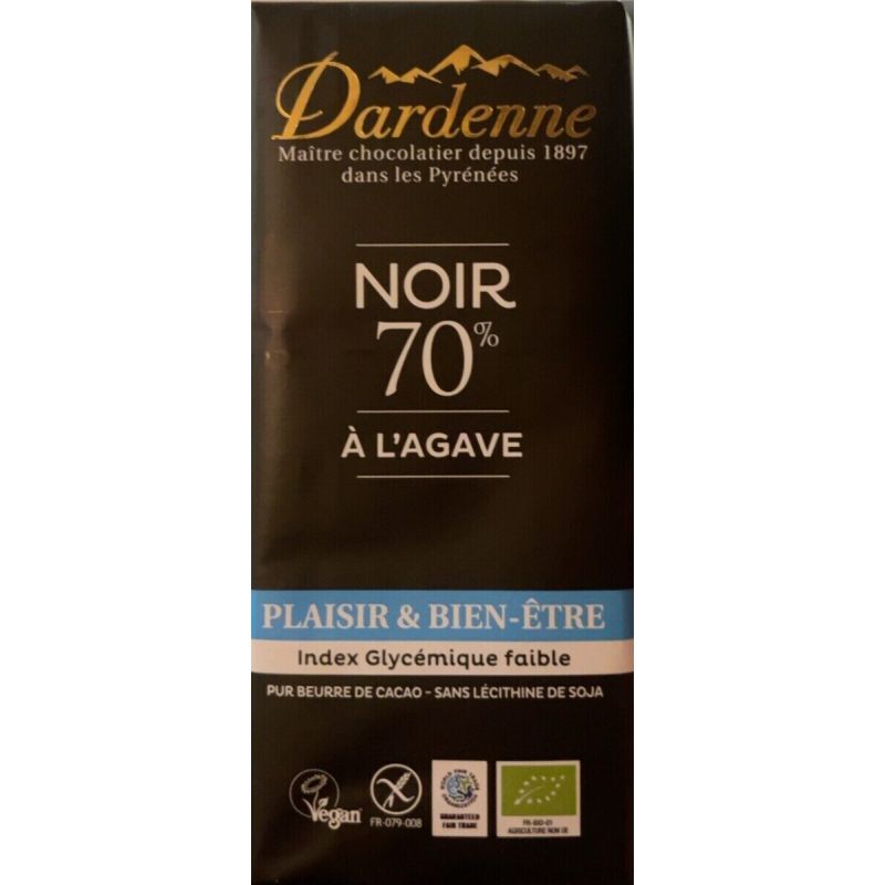 Tablette chocolat noir 70% a l'agave sans gluten 80g Dardenne dans votre magasin bio en ligne Etiketbio.eu Tablette chocolat noir 70% a l'agave sans gluten 80g Dardenne dans votre magasin bio en ligne Etiketbio.eu