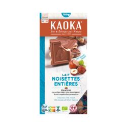 TABLETTE CHOCOLAT LAIT NOISETTE ENTIERES 180G KAOKA  dans votre magasin bio en ligne Etiketbio.eu