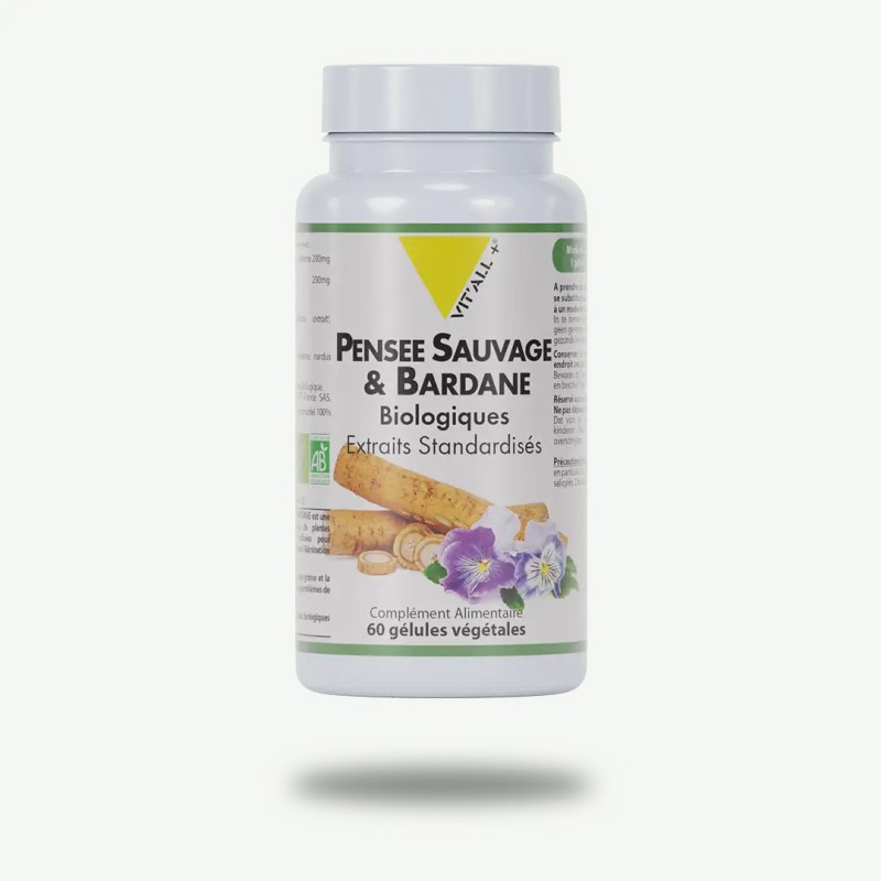 Pensee sauvage & bardane biologiques* extraits standardisés Vit'all + dans votre magasin bio en ligne Etiketbio.eu Pensee sauvage & bardane biologiques* extraits standardisés Vit'all + dans votre magasin bio en ligne Etiketbio.eu