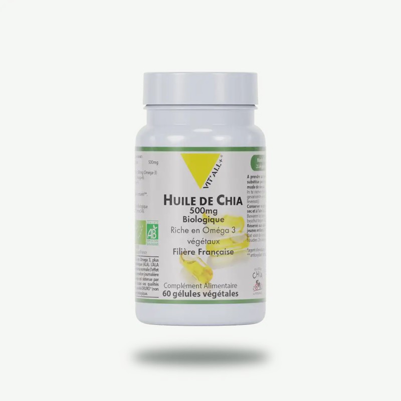 Huile de chia biologique* 500mg - riche en omega 3 végétaux - filière française Vit'all + dans votre magasin bio en ligne Et... Huile de chia biologique* 500mg - riche en omega 3 végétaux - filière française Vit'all + dans votre magasin bio en ligne Et...