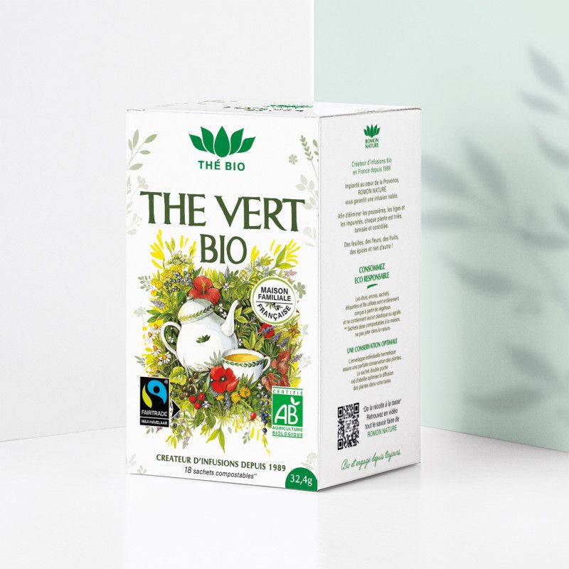 Thé vert bio 18 sachets 32,4g - Romon Nature Romon Nature dans votre magasin bio en ligne Etiketbio.eu Thé vert bio 18 sachets 32,4g - Romon Nature Romon Nature dans votre magasin bio en ligne Etiketbio.eu