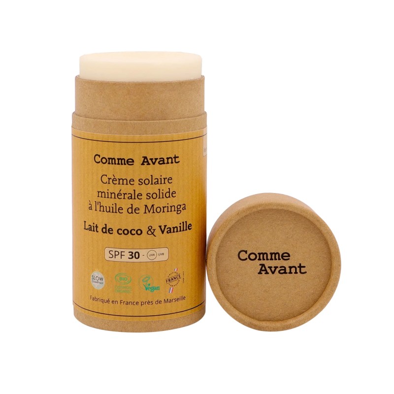 Crème solaire solide SPF30 Coco Vanille Comme Avant  dans votre magasin bio en ligne Etiketbio.eu