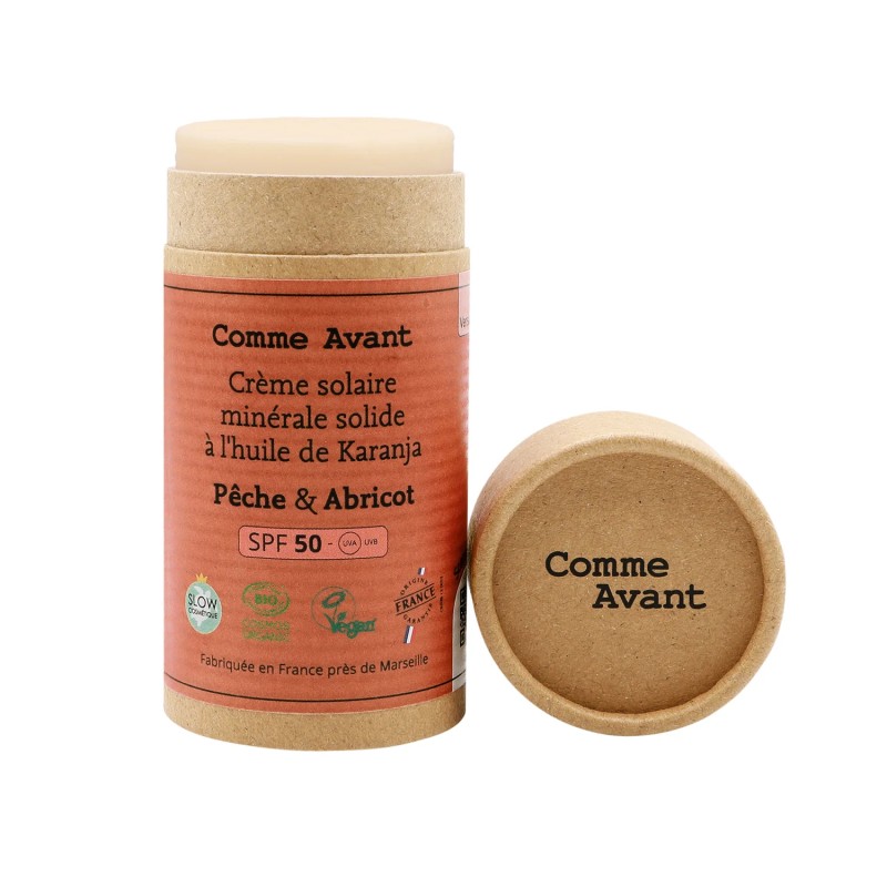Crème solaire solide SPF50 Pêche Abricot Comme Avant  dans votre magasin bio en ligne Etiketbio.eu