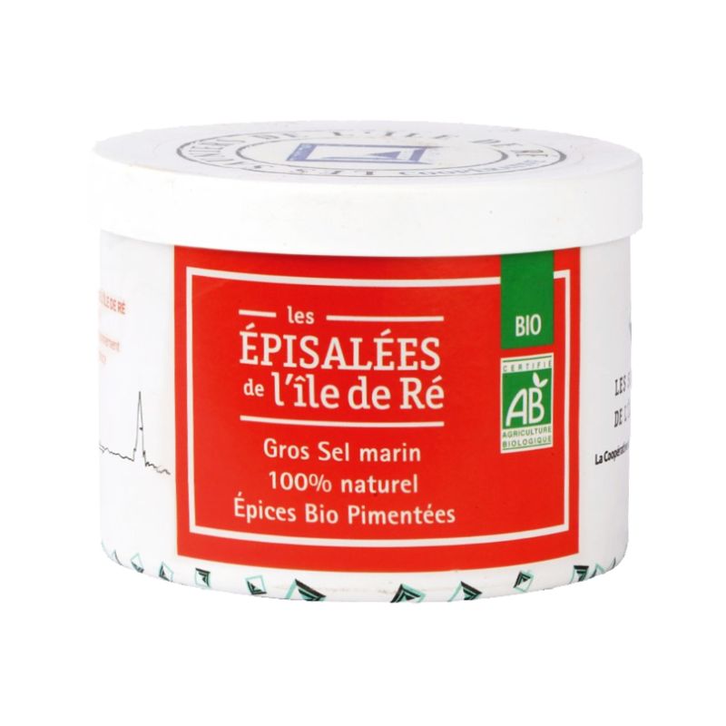 Gros sel épices pimentées en pot carton 150g Les Sauniers de l'Île de Ré  dans votre magasin bio en ligne Etiketbio.eu