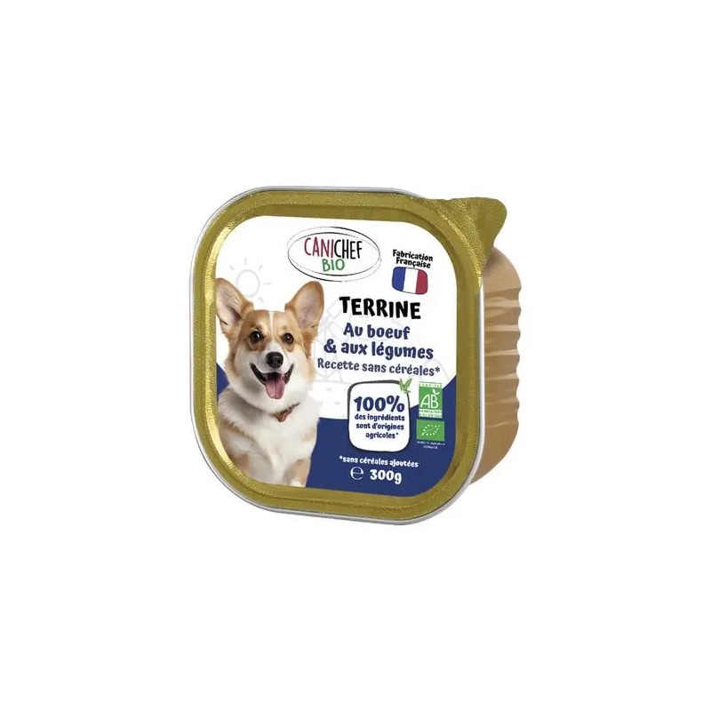 Terrine Bœuf & Légumes Bio Chien 300 g Canichef Canichef Bio  dans votre magasin bio en ligne Etiketbio.eu