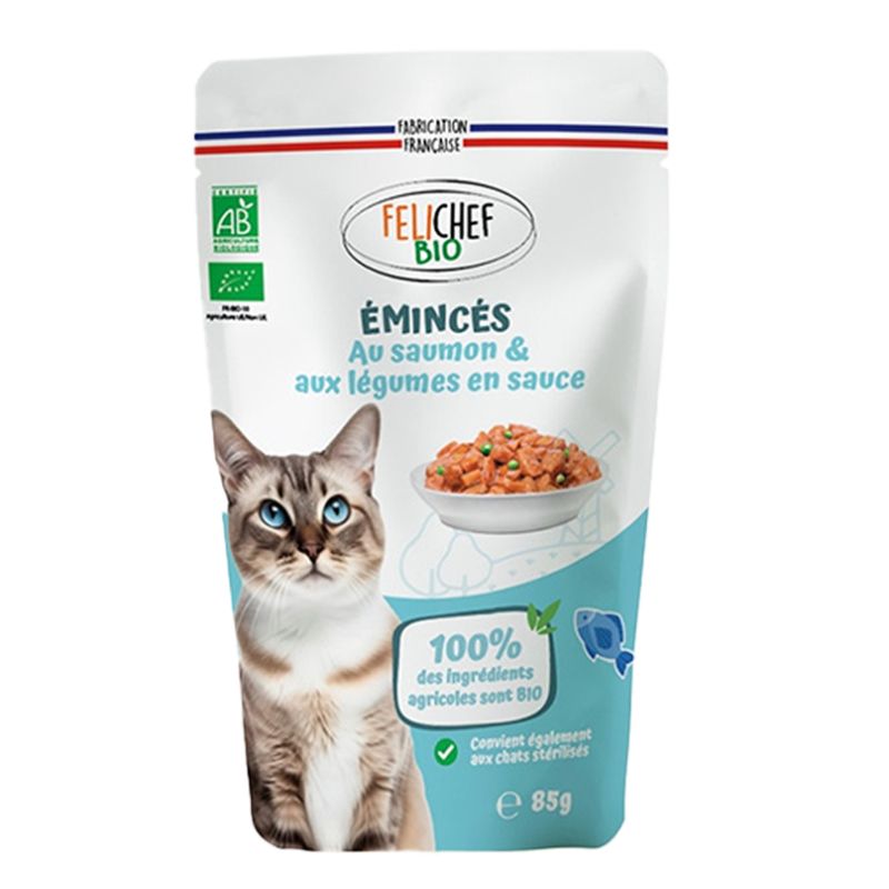 Émincés Saumon Chat Stérilisé 85 g Felichef Felichef bio  dans votre magasin bio en ligne Etiketbio.eu