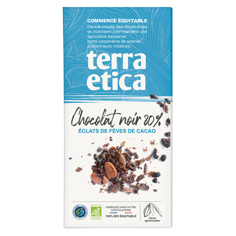 Chocolat noir 80% éclats fèves – Terra Etica Terra Etica  dans votre magasin bio en ligne Etiketbio.eu Chocolat noir 80% éclats fèves – Terra Etica Terra Etica  dans votre magasin bio en ligne Etiketbio.eu