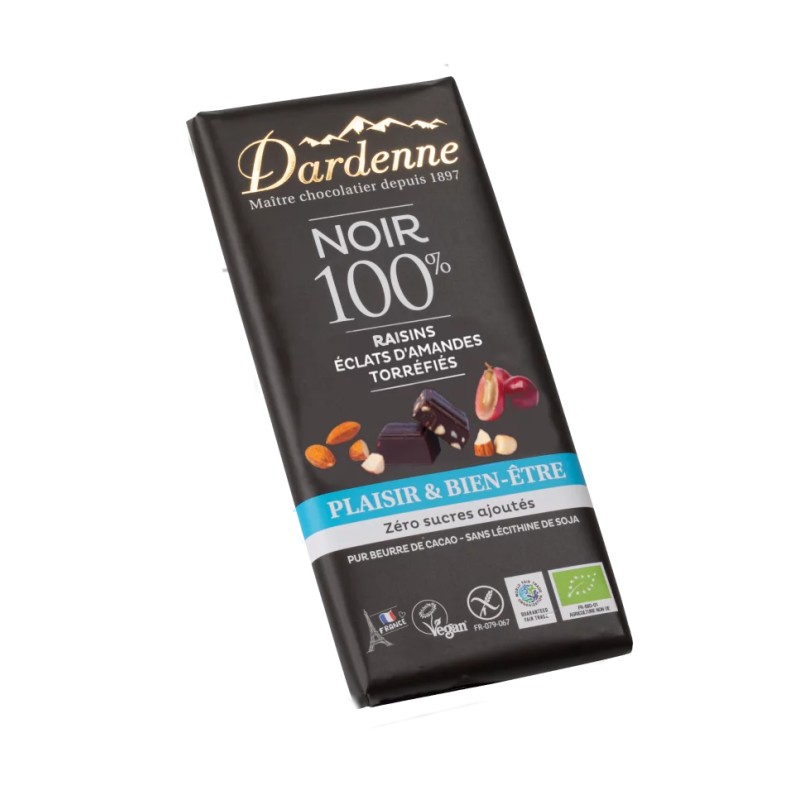 Chocolat noir 100% raisins amandes Dardenne Dardenne  dans votre magasin bio en ligne Etiketbio.eu