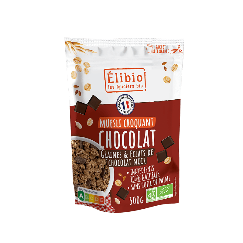 Muesli croquant chocolat Elibio 500g Elibio  dans votre magasin bio en ligne Etiketbio.eu