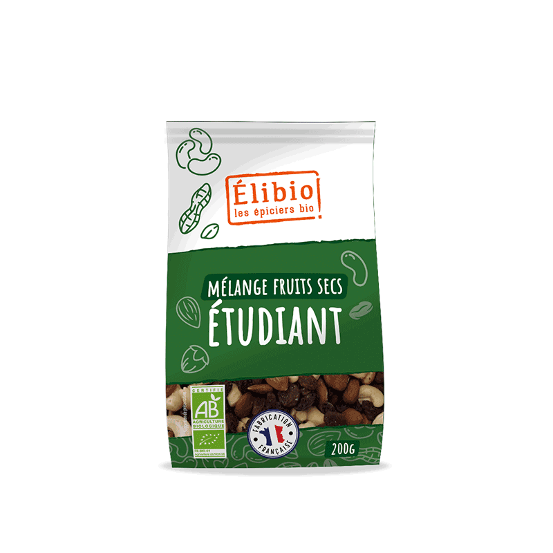 Mélange étudiant bio Elibio 200g fruits secs Elibio  dans votre magasin bio en ligne Etiketbio.eu