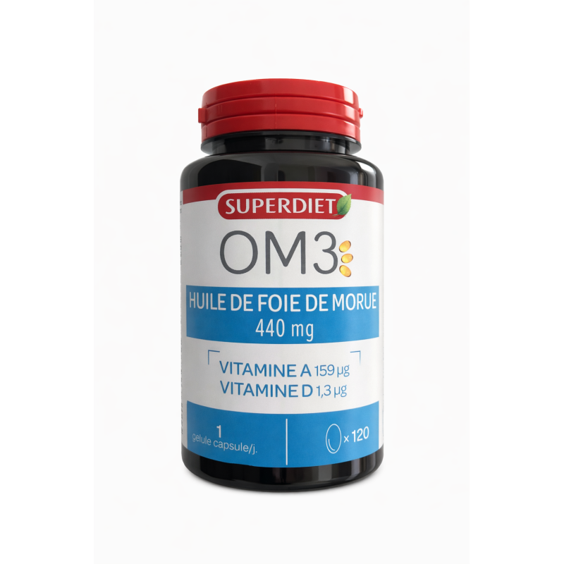 Huile de foie de morue 120 capsules – OM3 Superdiet Super Diet  dans votre magasin bio en ligne Etiketbio.eu