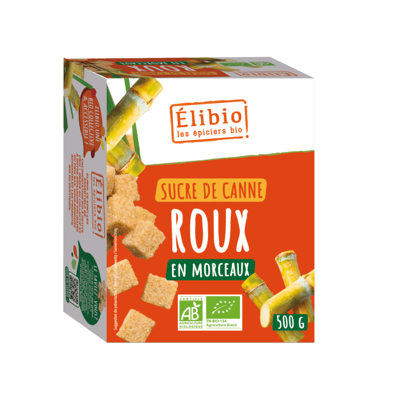 Sucre roux morceaux bio 500g – Elibio Elibio  dans votre magasin bio en ligne Etiketbio.eu