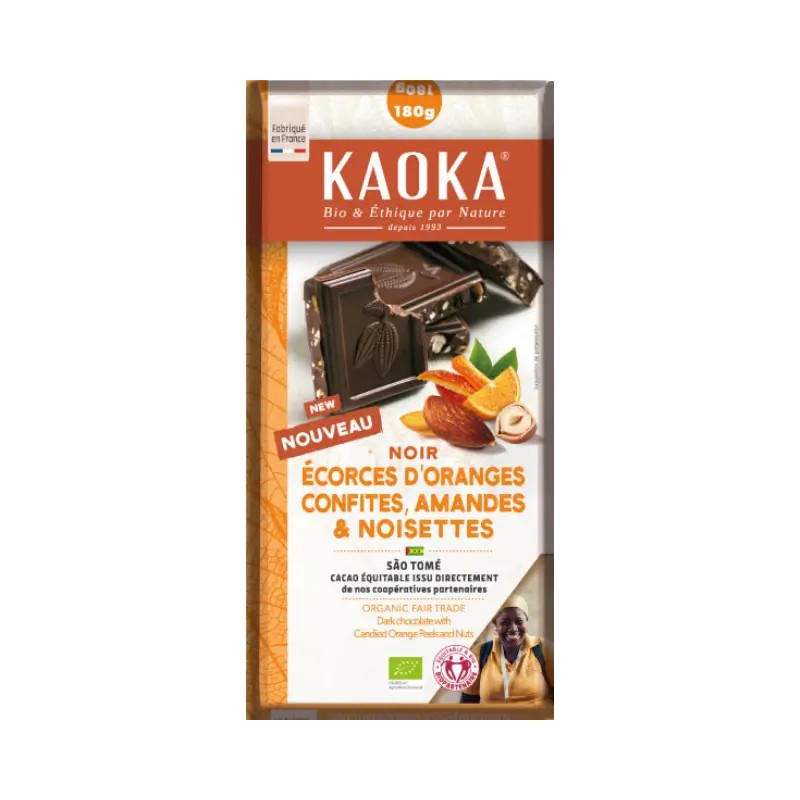 TABLETTE CHOCOLAT NOIR 66% ORANGES CONFITES ACANDES ET NOISETTES (180G) KAOKA Kaoka  dans votre magasin bio en ligne Etiketbi...