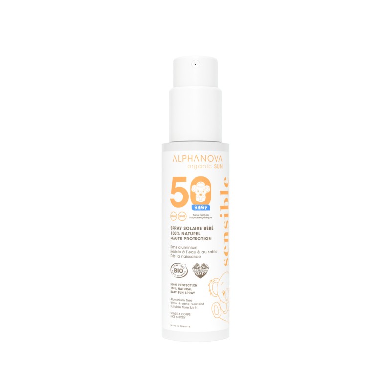 Spray solaire bébé SPF50 bio 100g - Alphanova Alphanova  dans votre magasin bio en ligne Etiketbio.eu