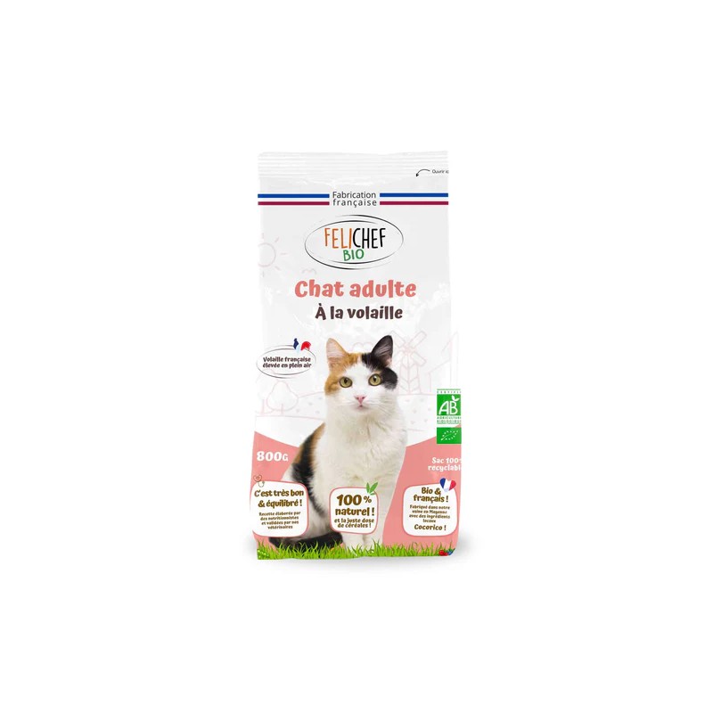 Croquettes chat adulte bio volaille 800 g – Felichef Felichef bio  dans votre magasin bio en ligne Etiketbio.eu