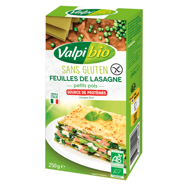 Lasagnes petits pois 250g bio sans gluten – Valpibio Valpibio  dans votre magasin bio en ligne Etiketbio.eu