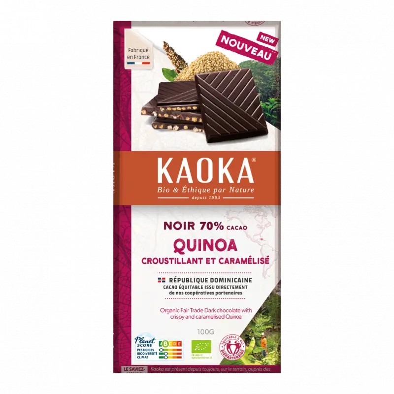Chocolat noir 70% quinoa bio 100g – Kaoka Kaoka  dans votre magasin bio en ligne Etiketbio.eu