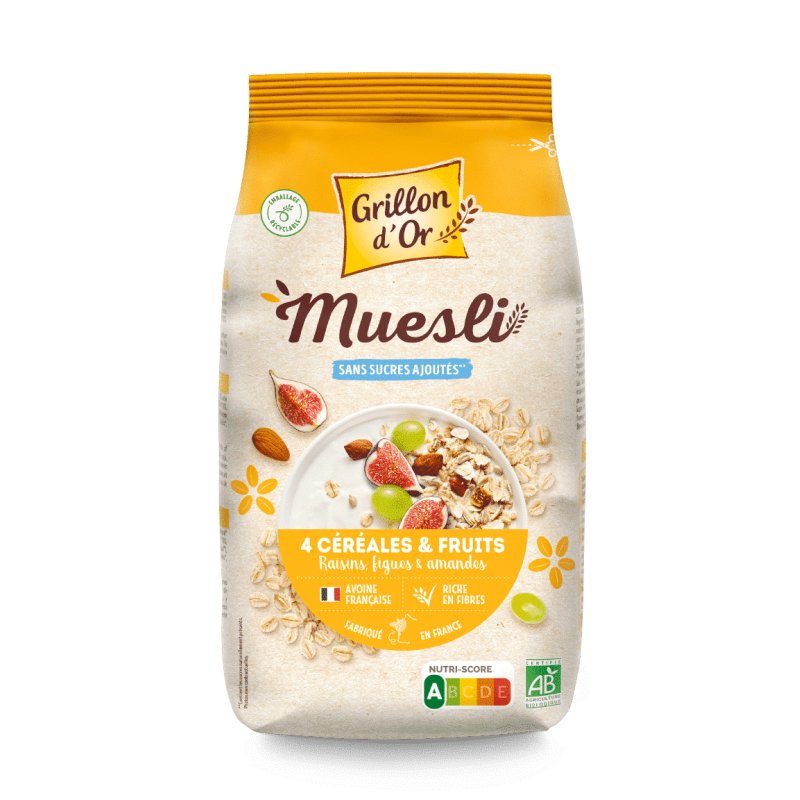 Muesli 4 céréales fruits bio 500g Grillon d’Or