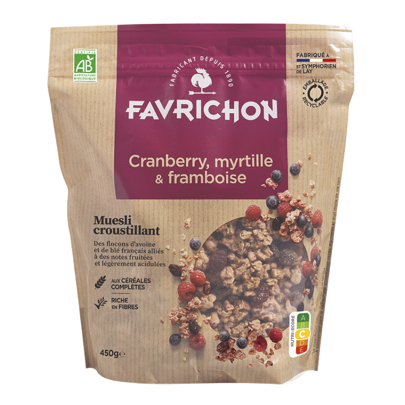 Muesli Croustillant Cranberry, myrtille & framboise 450g Favrichon  dans votre magasin bio en ligne Etiketbio.eu