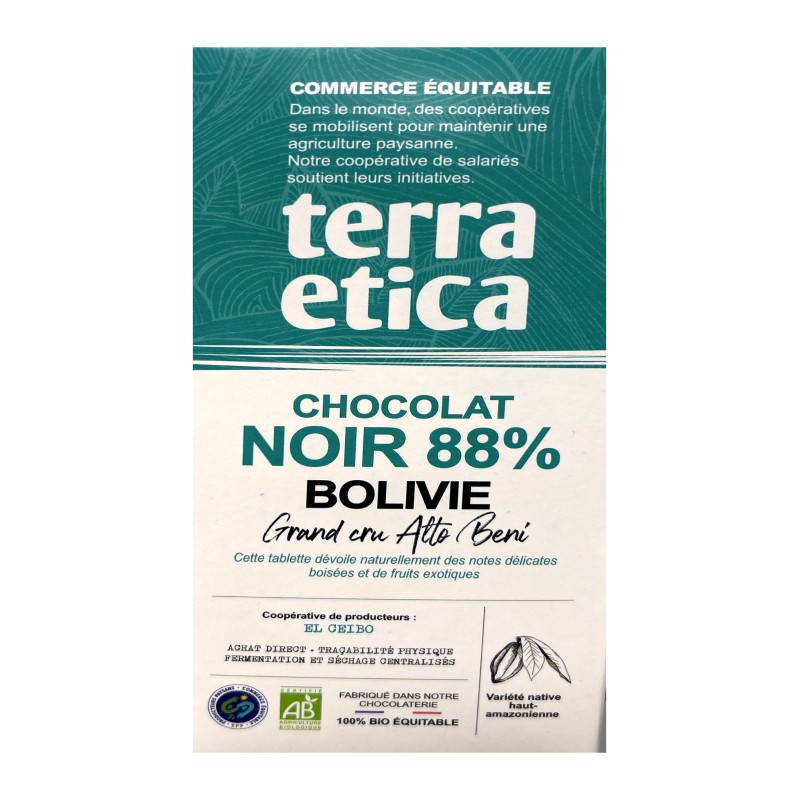Tablette chocolat noir 88% Bolivie 100g Terra Etica  dans votre magasin bio en ligne Etiketbio.eu