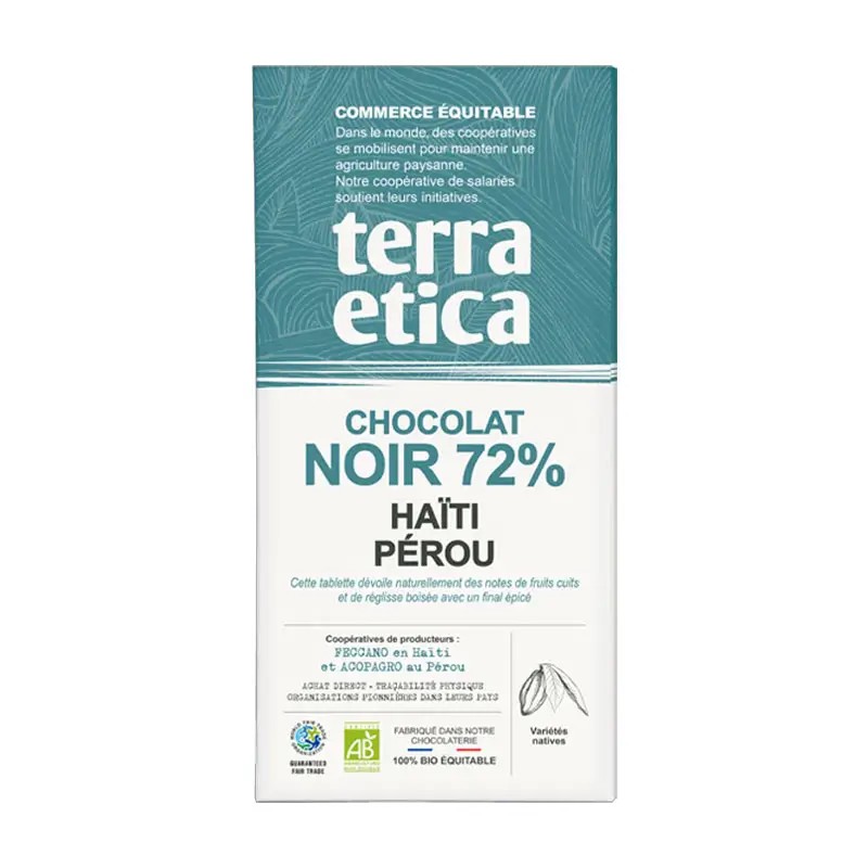 Chocolat noir 72% bio Haïti Pérou – Terra Etica Terra Etica  dans votre magasin bio en ligne Etiketbio.eu
