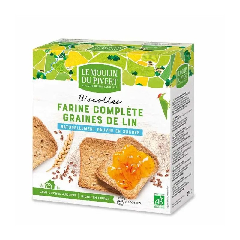 Biscottes complètes lin bio 270g Moulin du Pivert Moulin du Pivert  dans votre magasin bio en ligne Etiketbio.eu