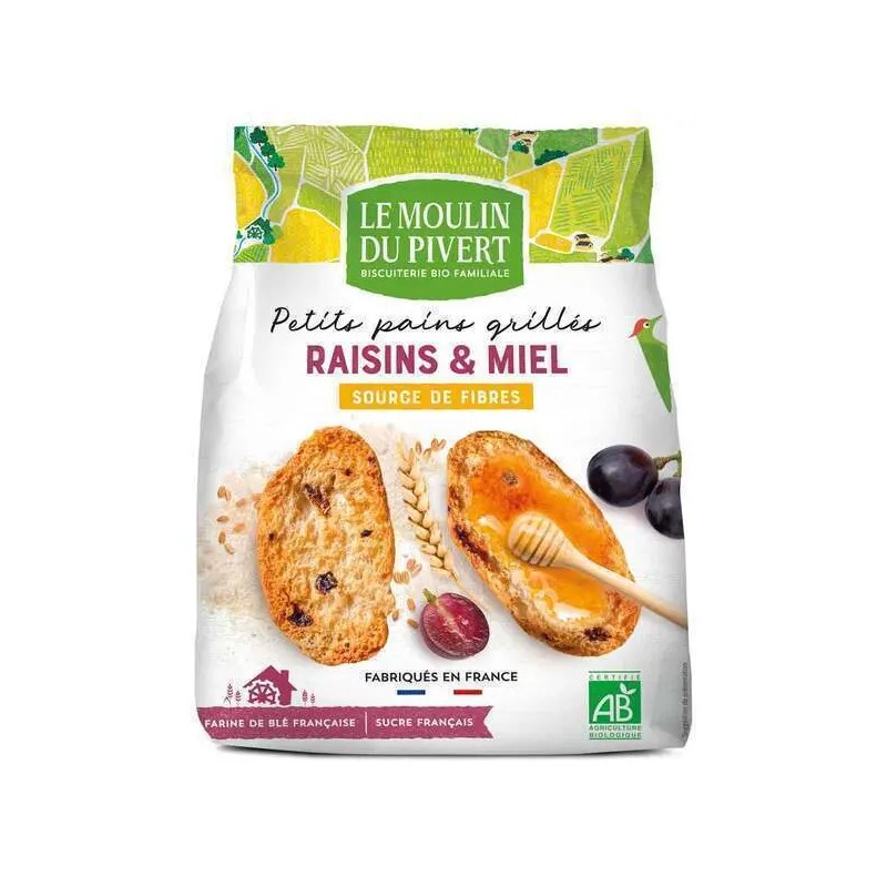 Petits pains grillés miel raisins bio 225g Moulin du Pivert Moulin du Pivert  dans votre magasin bio en ligne Etiketbio.eu