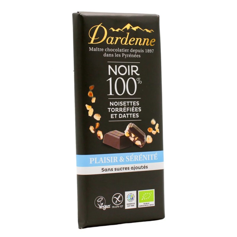 Tablette chocolat noir 100% eclats de noisette torrefies (90g) Dardenne  dans votre magasin bio en ligne Etiketbio.eu