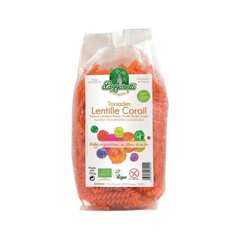 Torsades lentilles corail bio 250g Lazzaretti Lazaretti  dans votre magasin bio en ligne Etiketbio.eu