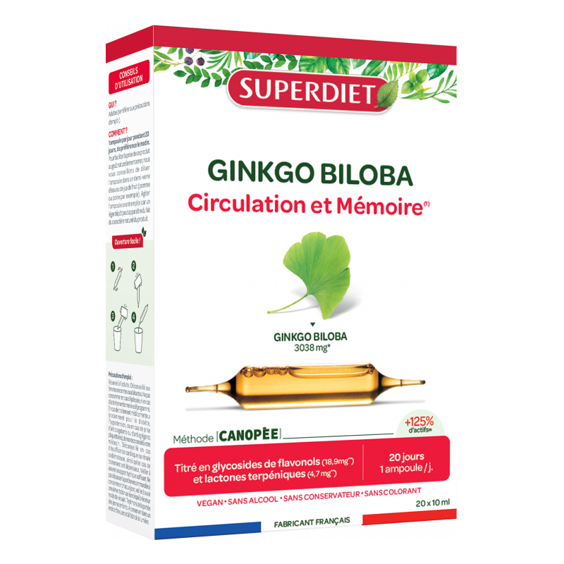 Ginkgo biloba bio 20 ampoules Superdiet Super Diet  dans votre magasin bio en ligne Etiketbio.eu