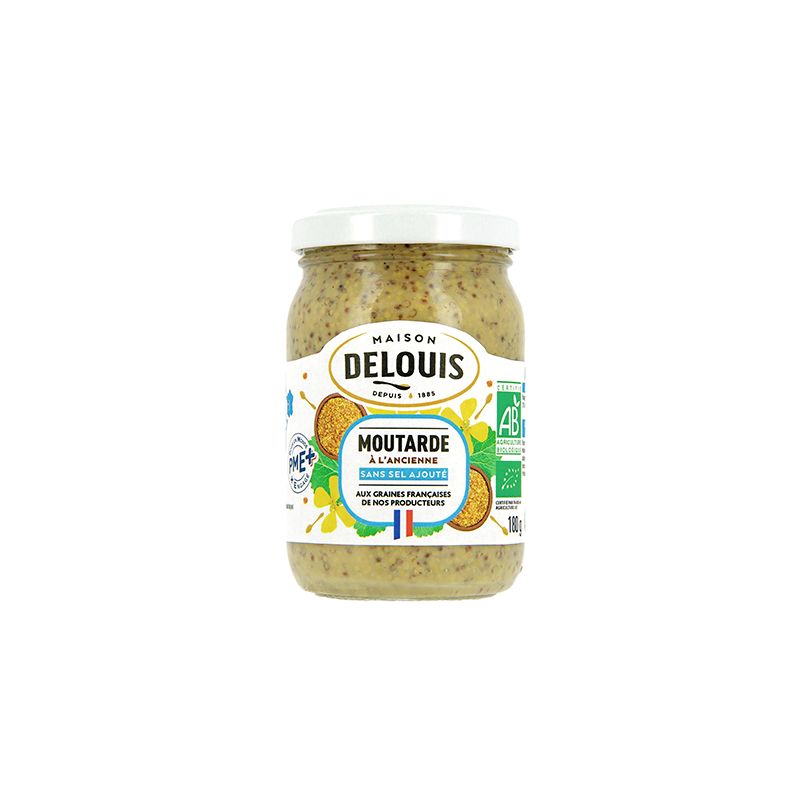 Moutarde à l'ancienne pauvre en sel 180g Delouis Delouis  dans votre magasin bio en ligne Etiketbio.eu