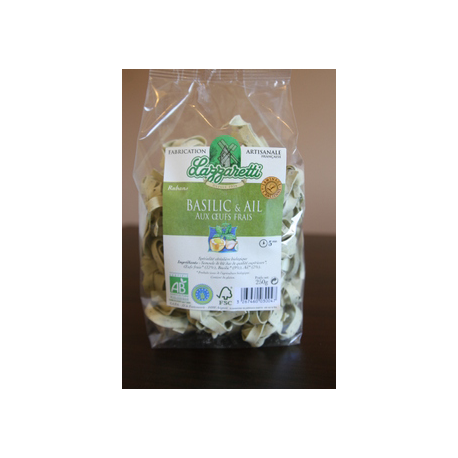 Tagliatelles rubans basilic et ail 250g Lazaretti dans votre magasin bio en ligne Etiketbio.eu Tagliatelles rubans basilic et ail 250g Lazaretti dans votre magasin bio en ligne Etiketbio.eu