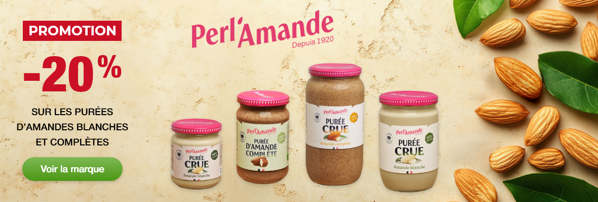 Promotion -20% sur les purées d’amandes blanches et complètes de la marque perlamande
