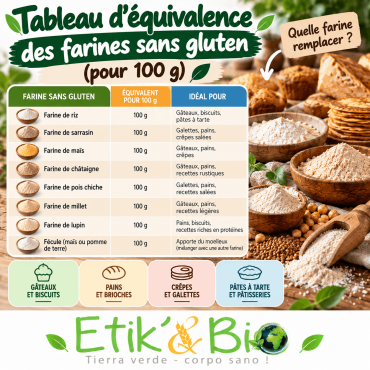 Tableau d’équivalence des farines sans gluten : remplacer 100 g de farine de blé